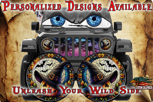 Pumpkin with which hat-stained glass round headlight decals 14