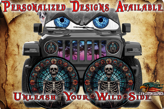 Skeleton jeep wave-stained glass round headlight decals 15