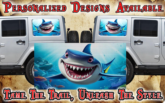 Happy Shark Rear quarter window see through graphic.