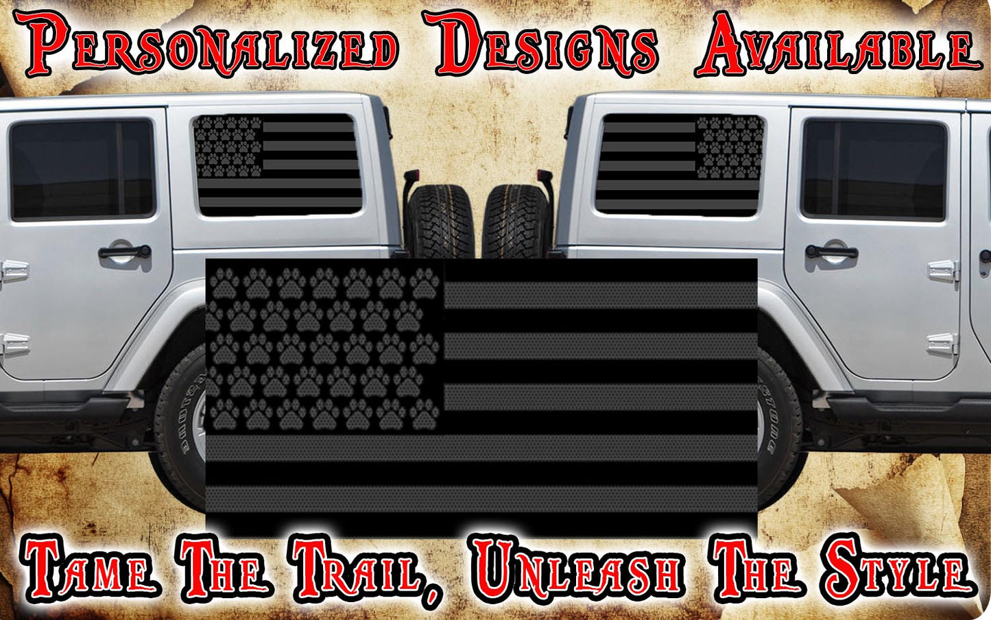 Paw print American flag black Rear quarter window see through graphic.