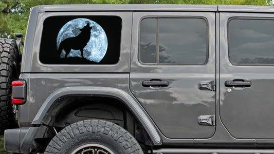 Blue moon wolf Rear quarter window see through graphic.