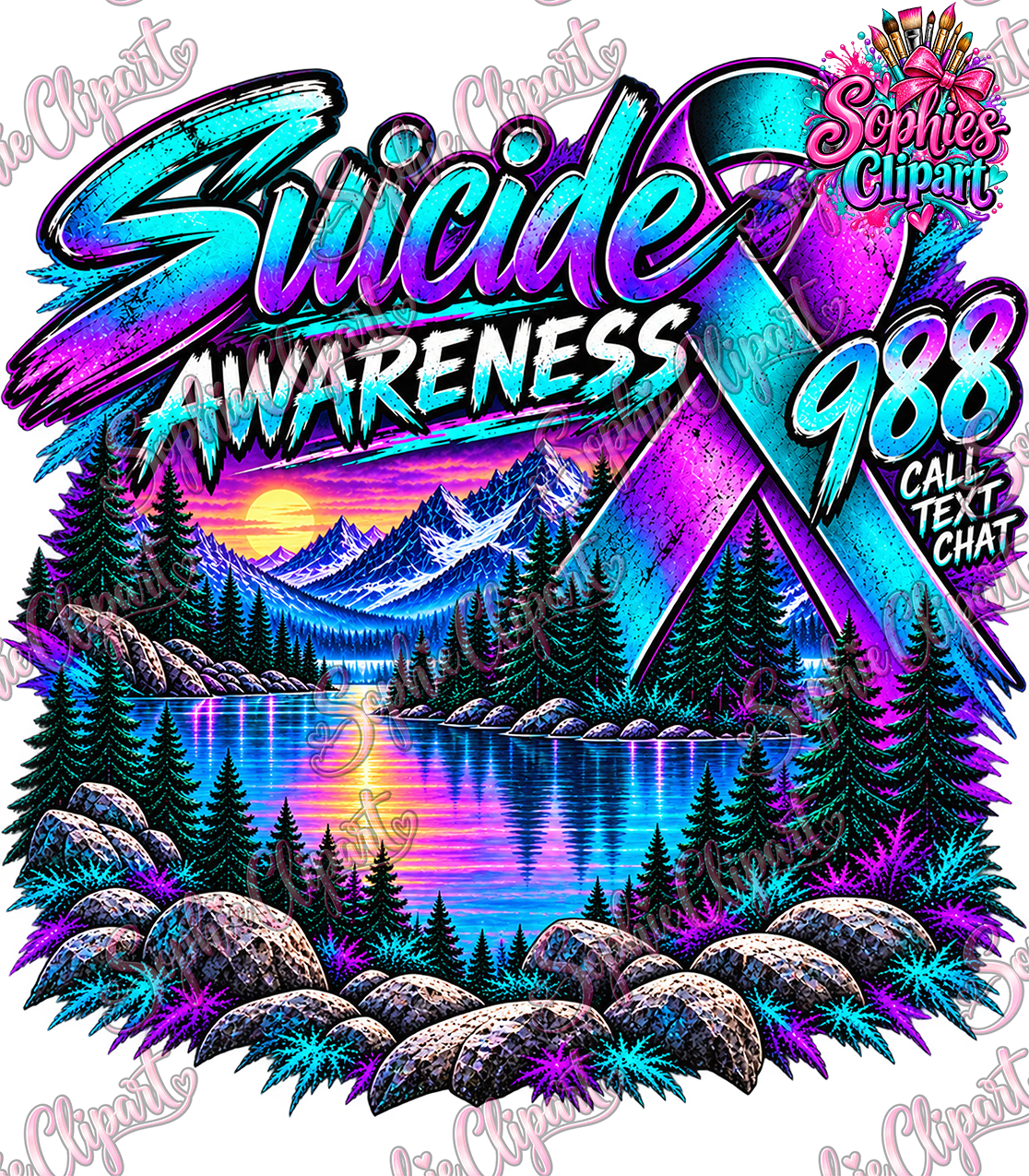 Watermarked Sophie Clipart Suicide Awareness 988 teal and purple ribbon design