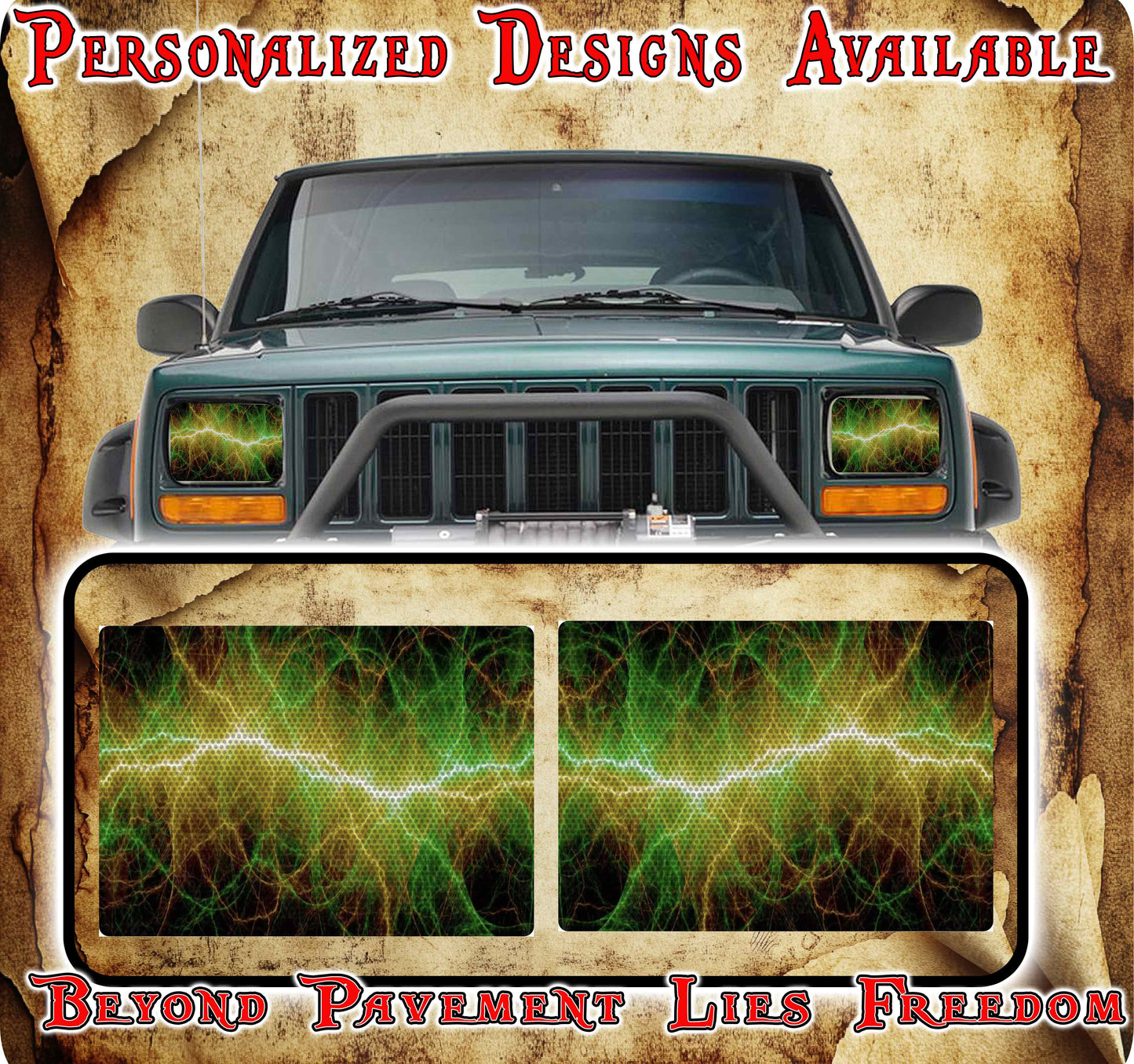Green static eyes decals for YJ or 5x7 headlights
