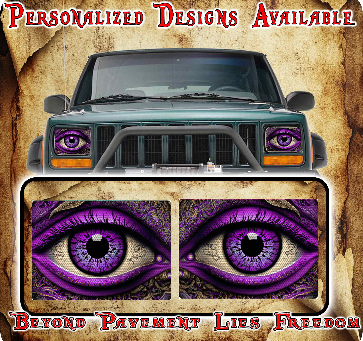 Purple Eye decals for YJ or 5x7 headlights