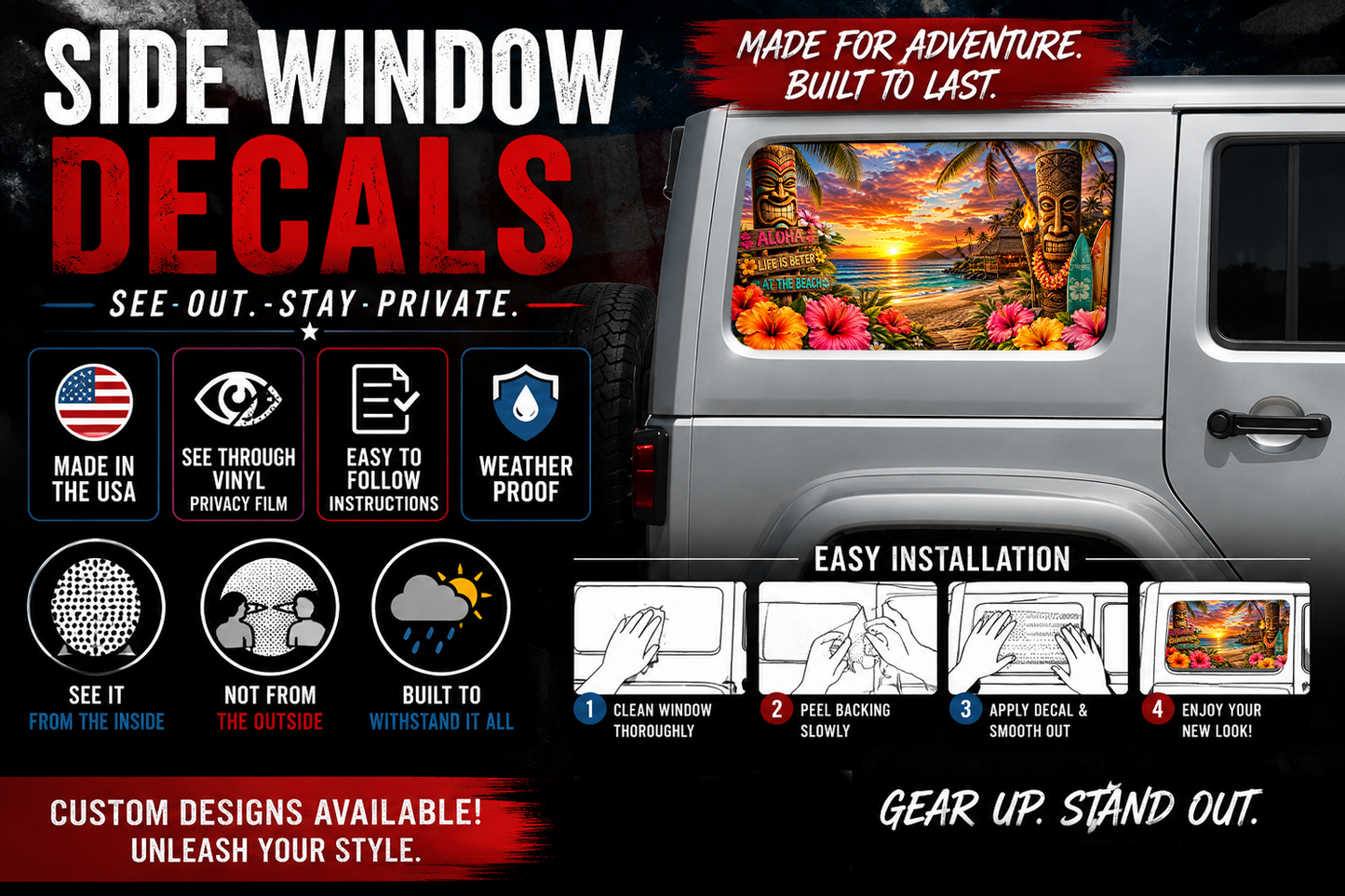 Tiki beach Rear quarter window see through graphic. 144