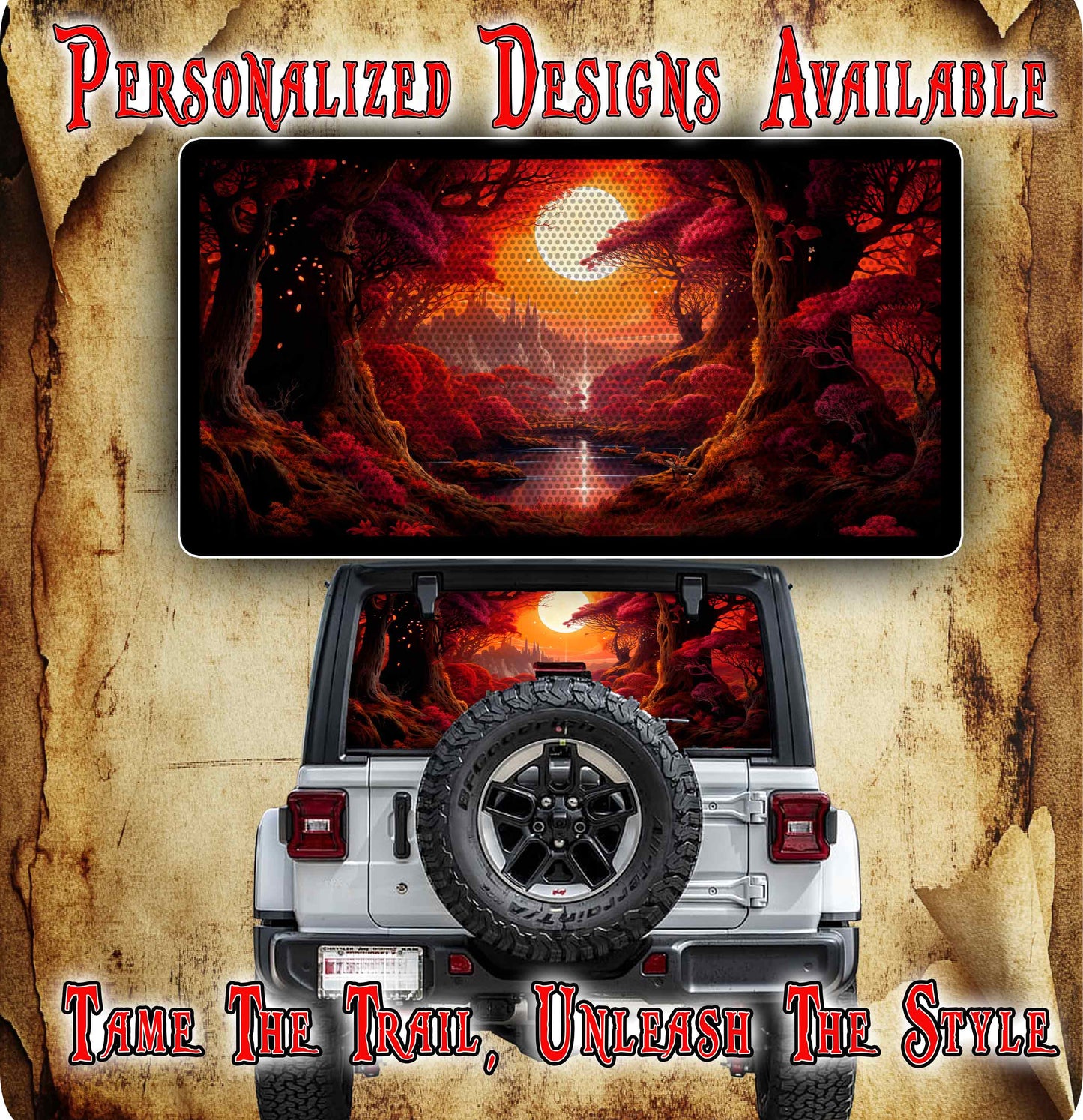 Fantasy landscape Rear window see through graphic.