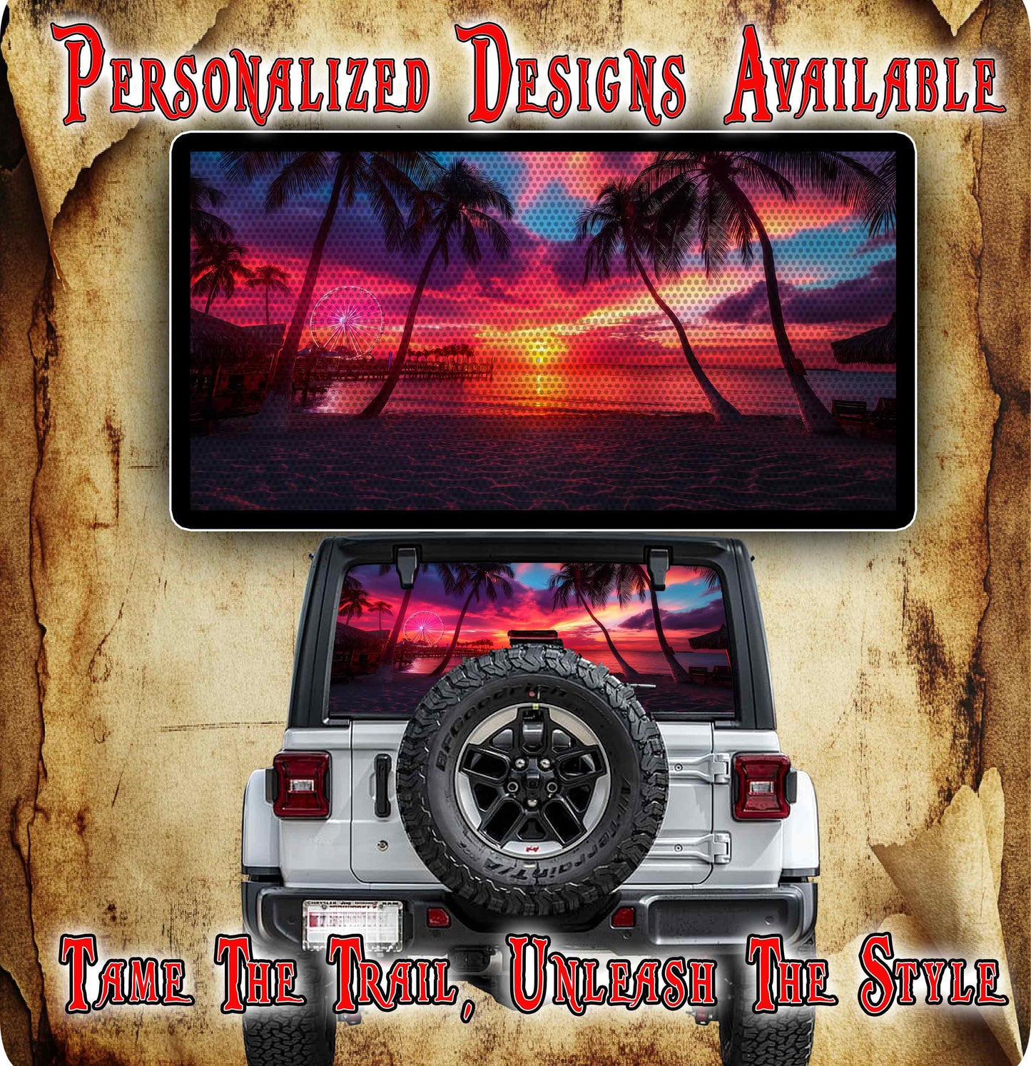 Beach sunrise Rear window see through graphic.