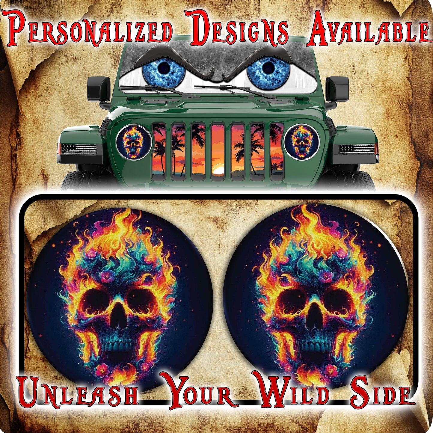 Fire skull on fire headlight decal 106