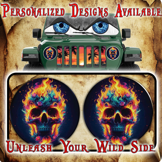 Fire skull on fire headlight decal 106