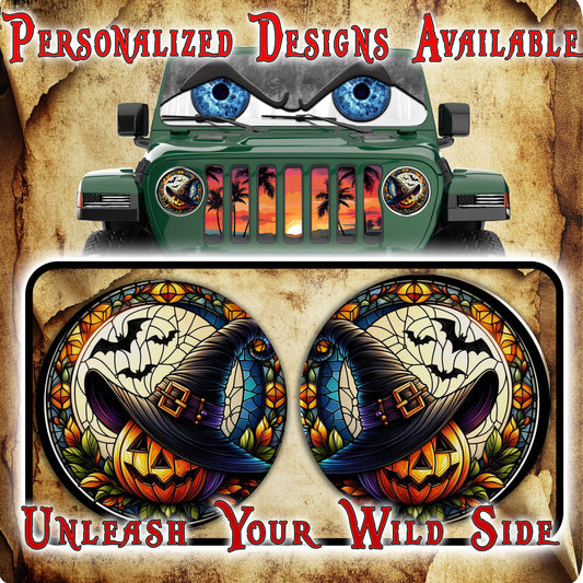 Pumpkin with which hat-stained glass round headlight decals 14
