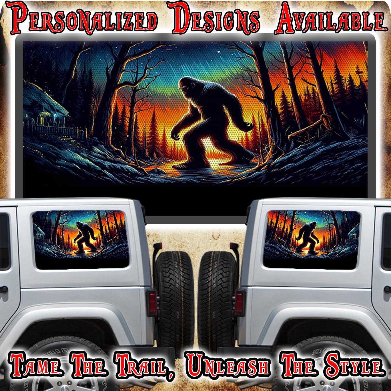 Bigfoot cabin Rear quarter window see through graphic.