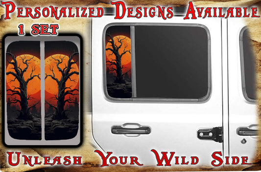 Side door window decal Creepy orange tree 183