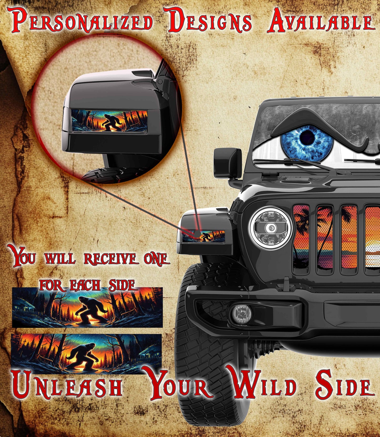 Bigfoot in the woods Jl and Gladiator Turn signal decal.