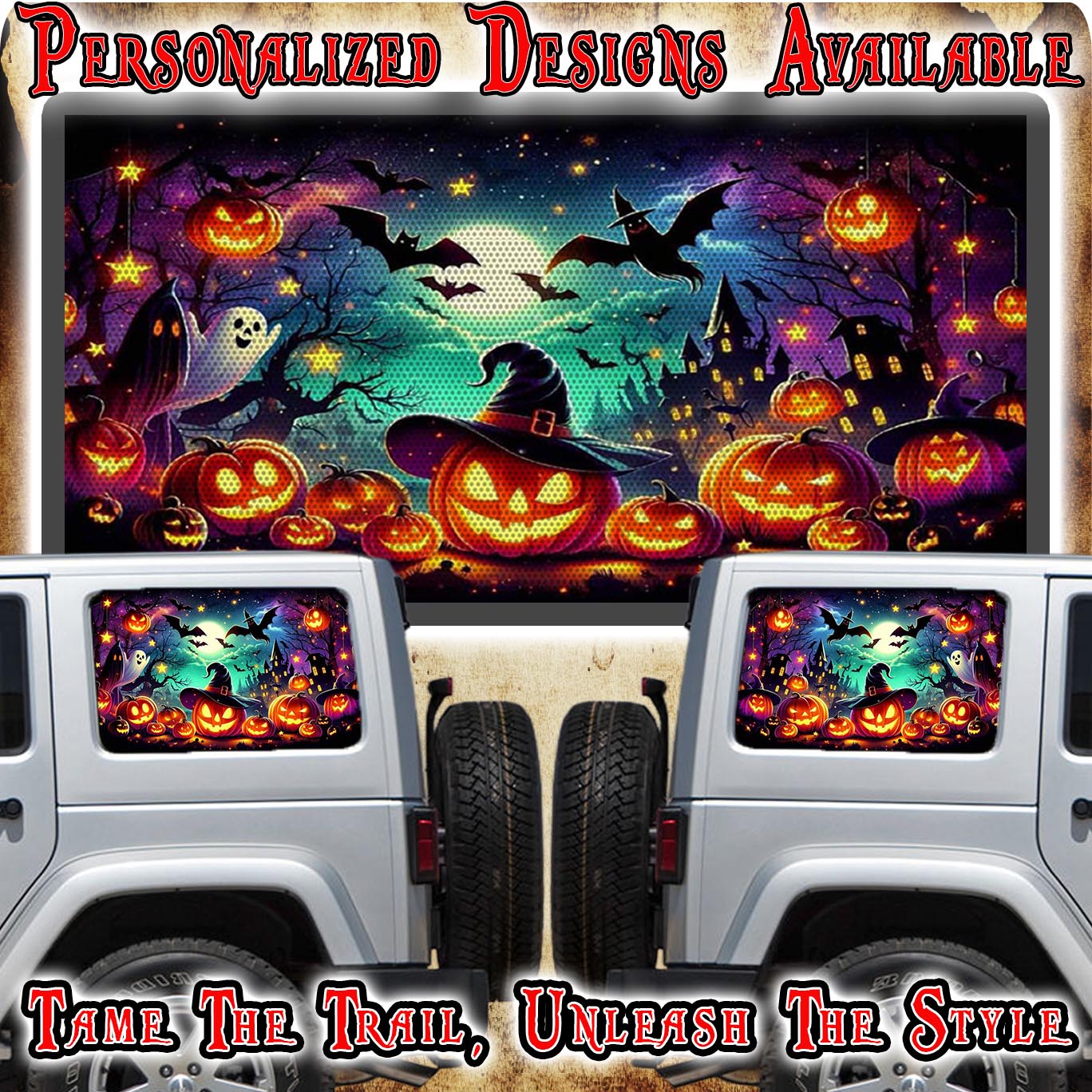 Pumpkin patch Rear quarter window see through graphic.