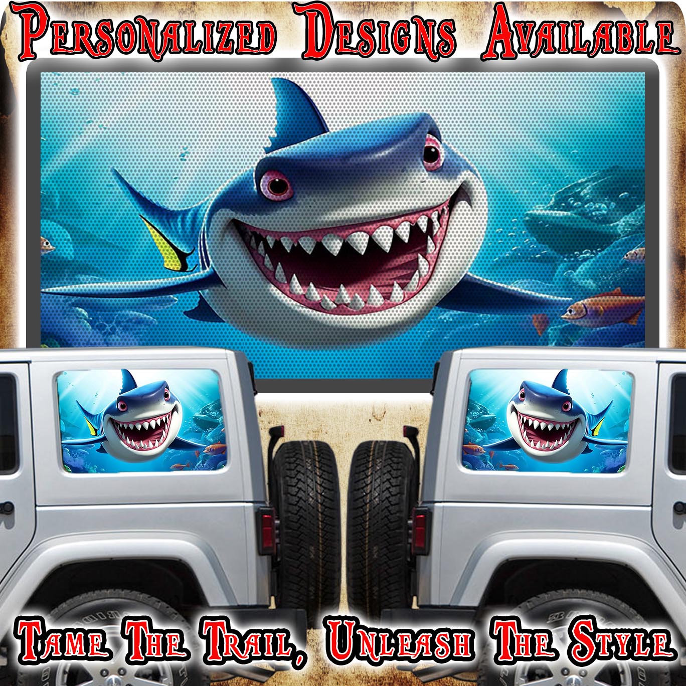 Happy Shark Rear quarter window see through graphic.