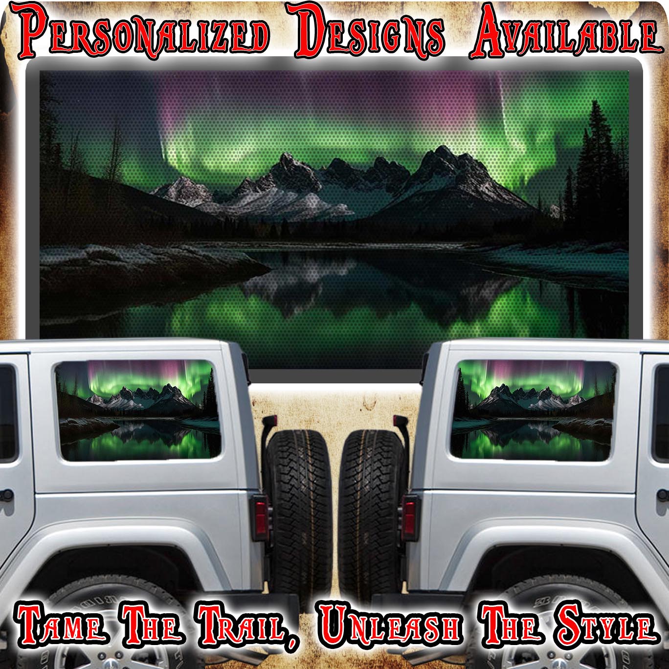 Northern Lights and mountain Rear quarter window see through graphic