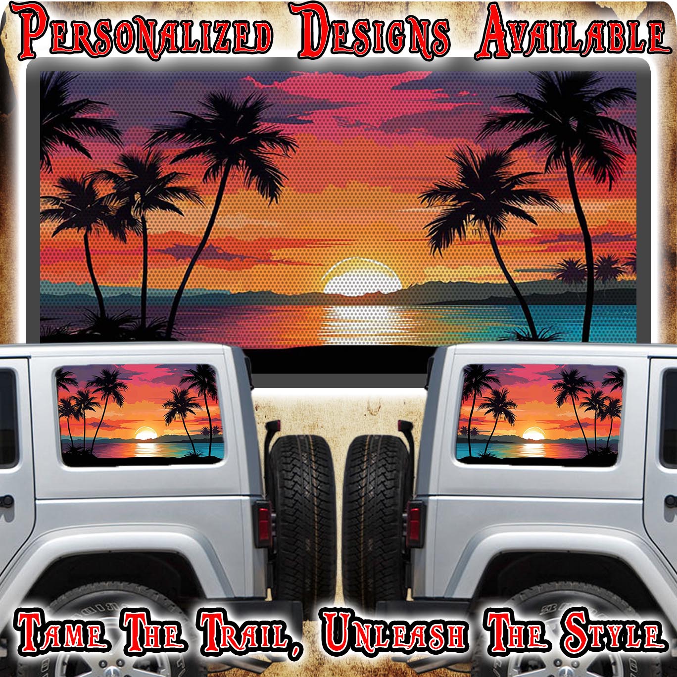 Sunset beach Rear quarter window see through graphic.