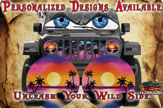 Beach sun round headlight decals 36
