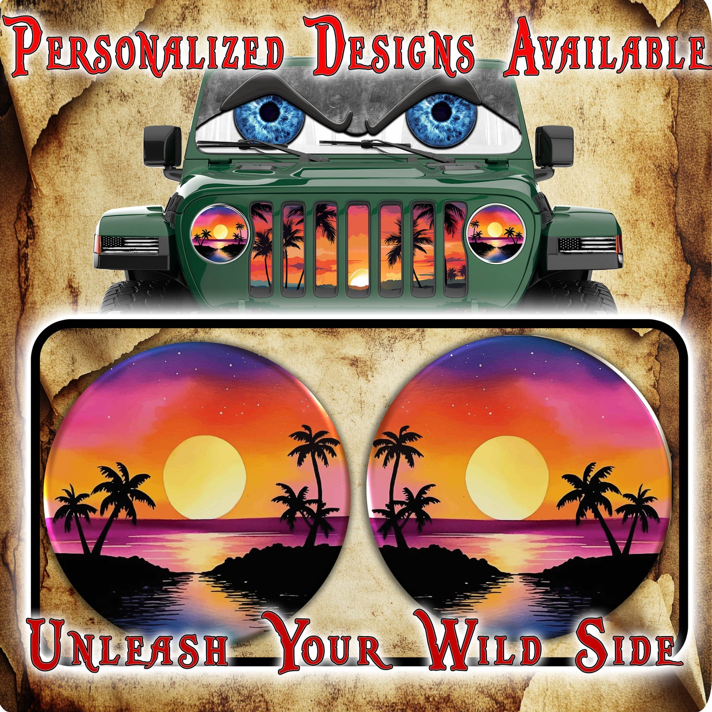 Beach sun round headlight decals 36