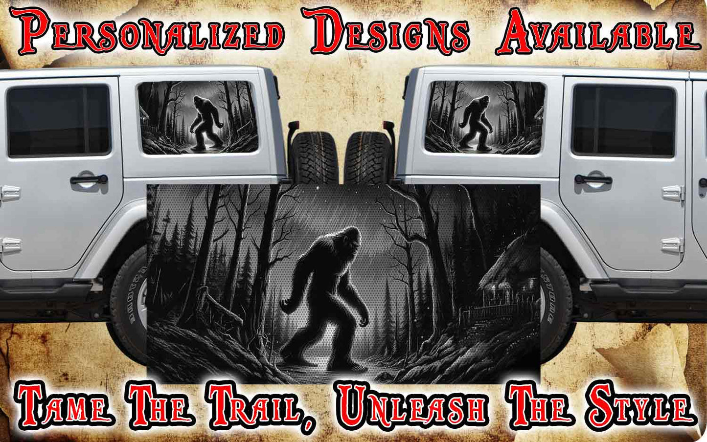 Bigfoot cabin Rear quarter window see through graphic.