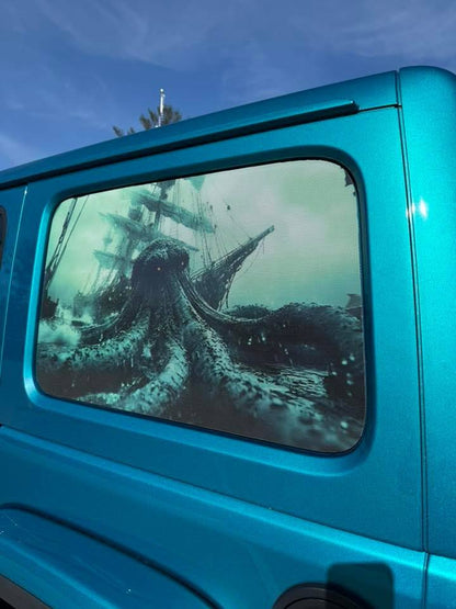 Rear quarter window see through graphic. Kraken decal