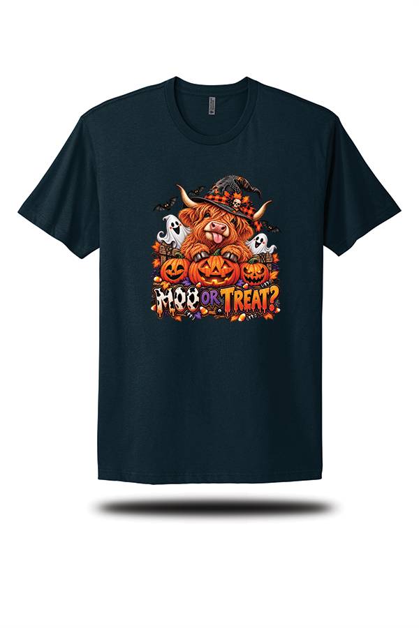Moo or Treat? Highland Cow Halloween Graphic T-Shirt