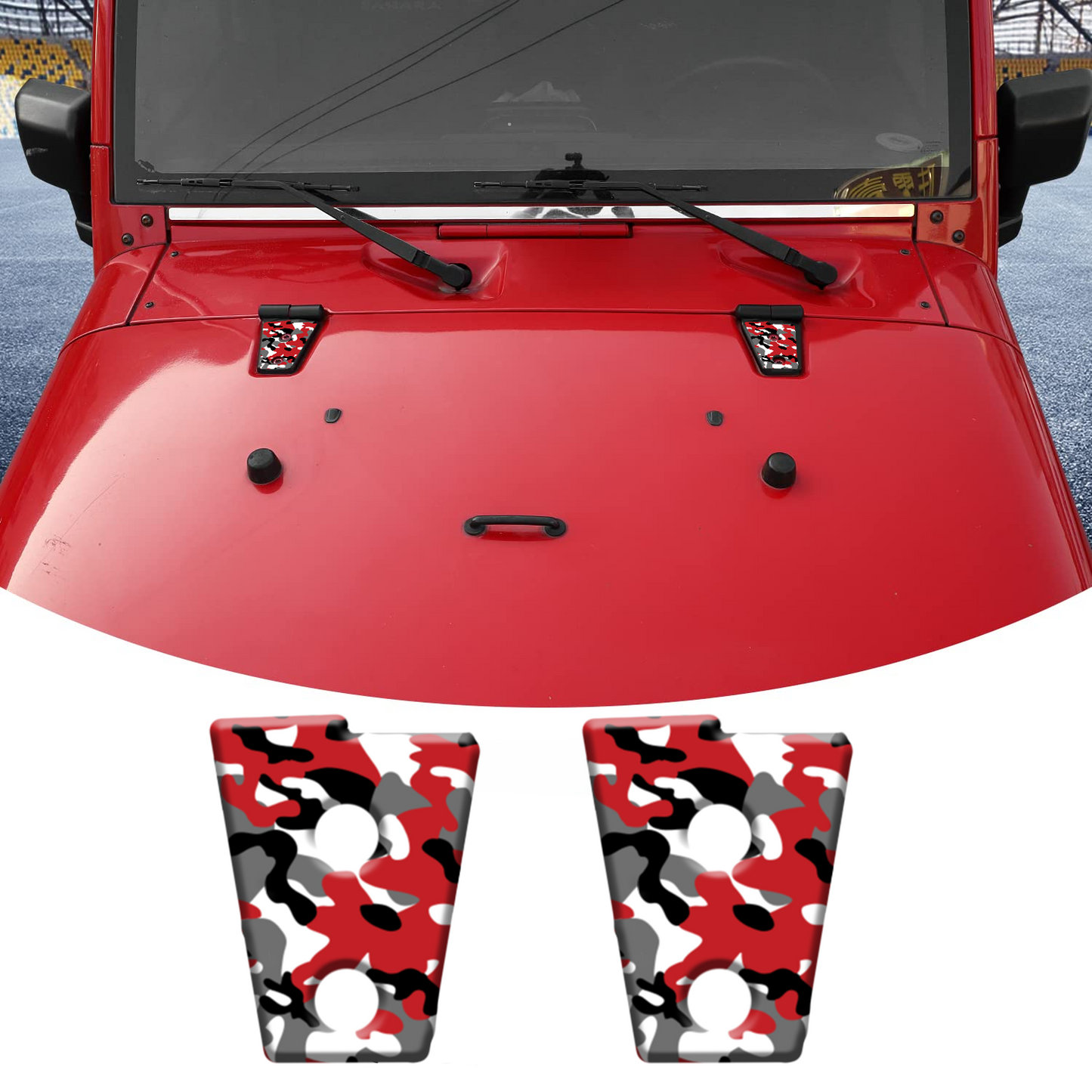 Red camo scales hood hinge overlay decals 84