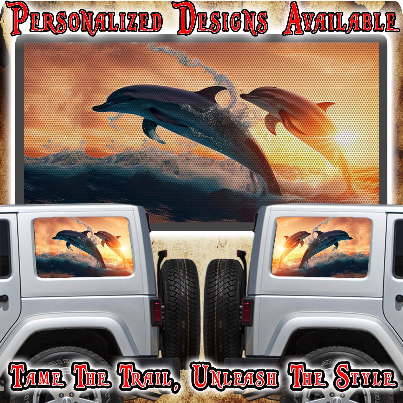Jumping Dolphins Rear quarter window see through graphic.