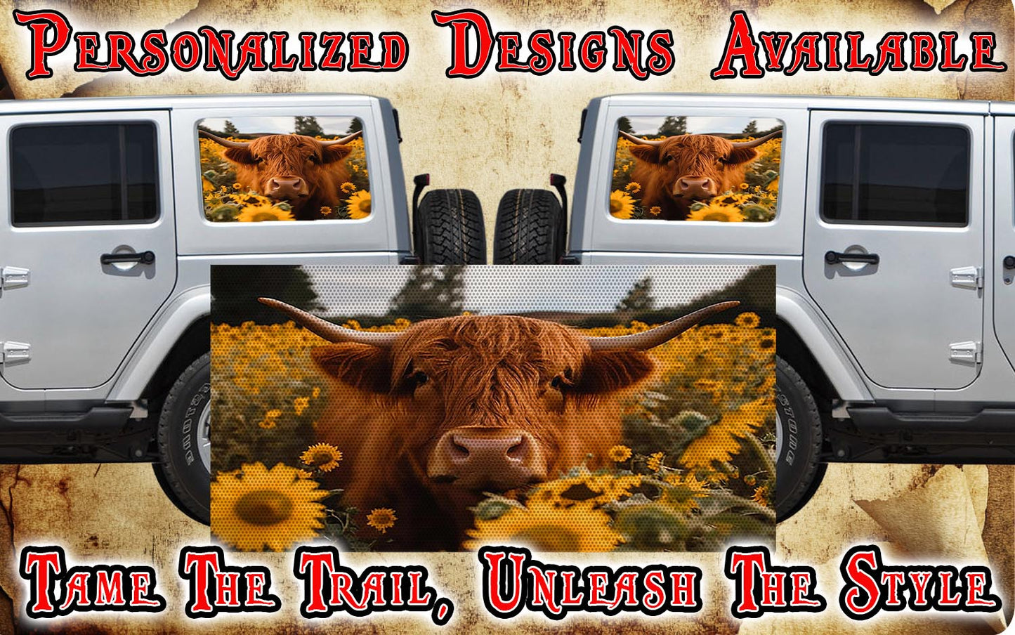 Highland cow Rear quarter window see through graphic.