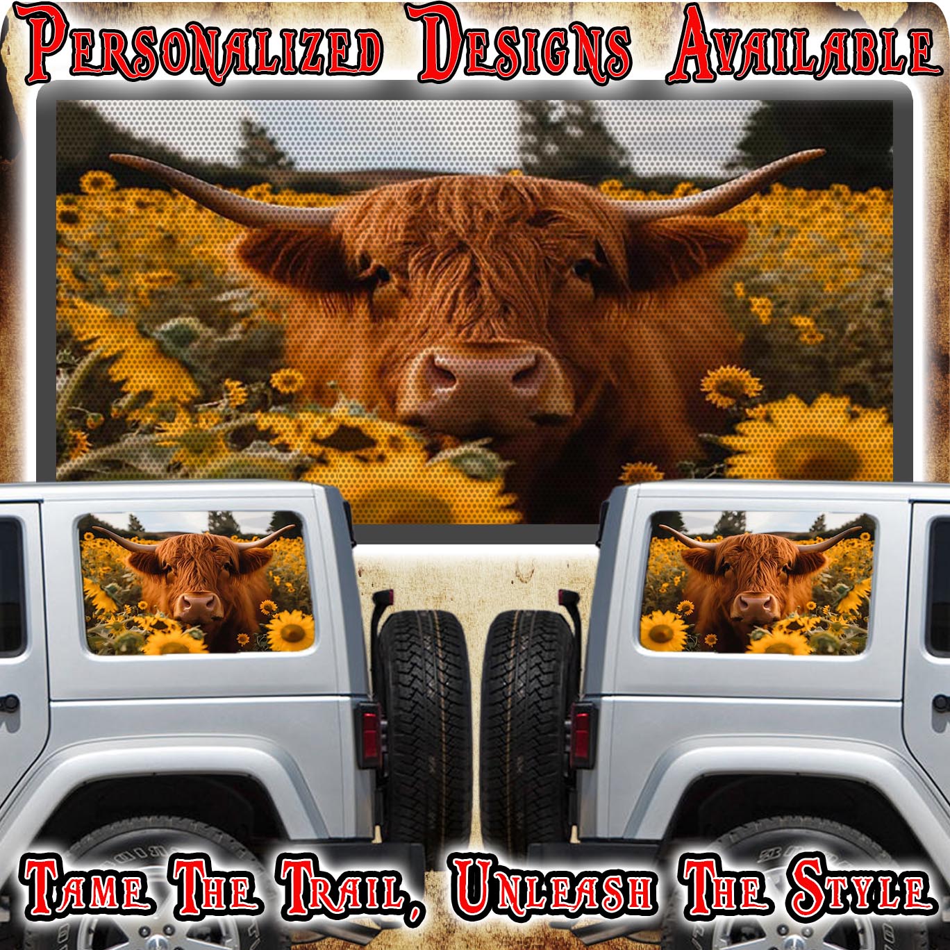 Highland cow Rear quarter window see through graphic.