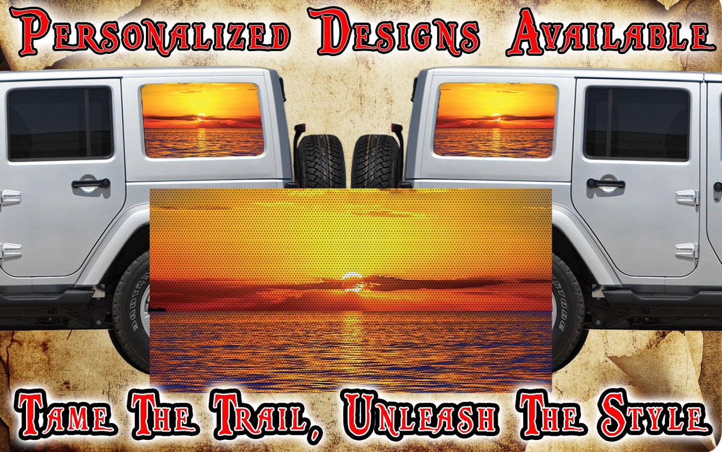 Amazing sunset Rear quarter window see through graphic.
