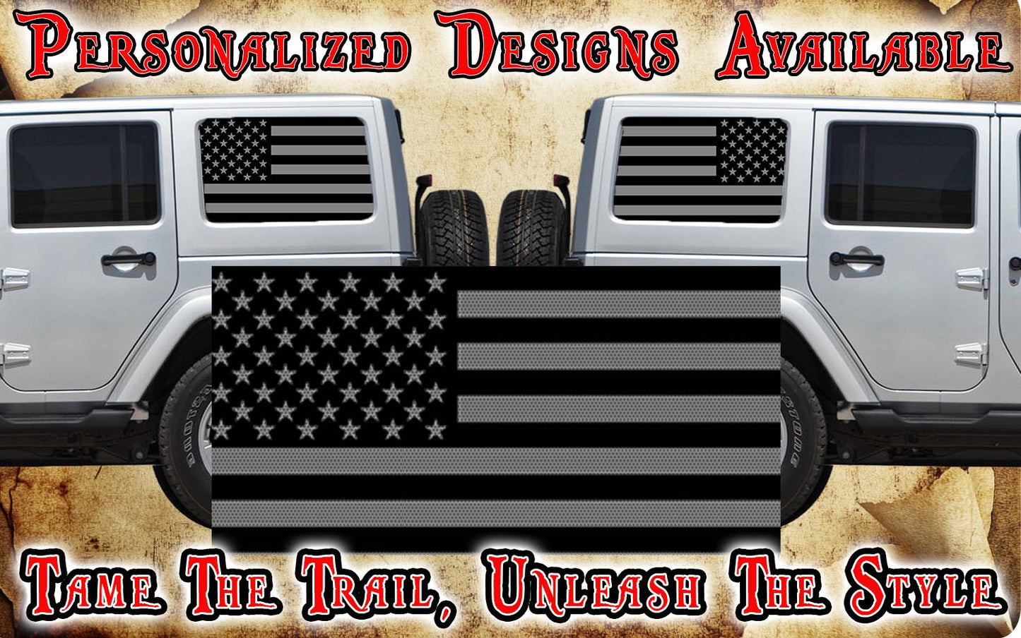 American flag black Rear quarter window see through graphic.