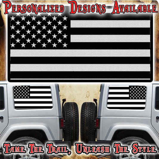 American flag black Rear quarter window see through graphic.