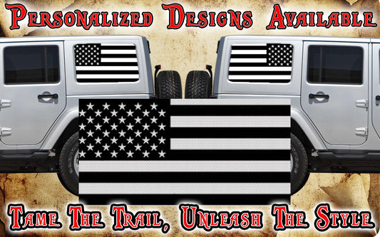 American flag black Rear quarter window see through graphic.