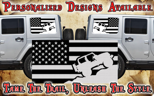 rock crawler American flag black Rear quarter window see through graphic.