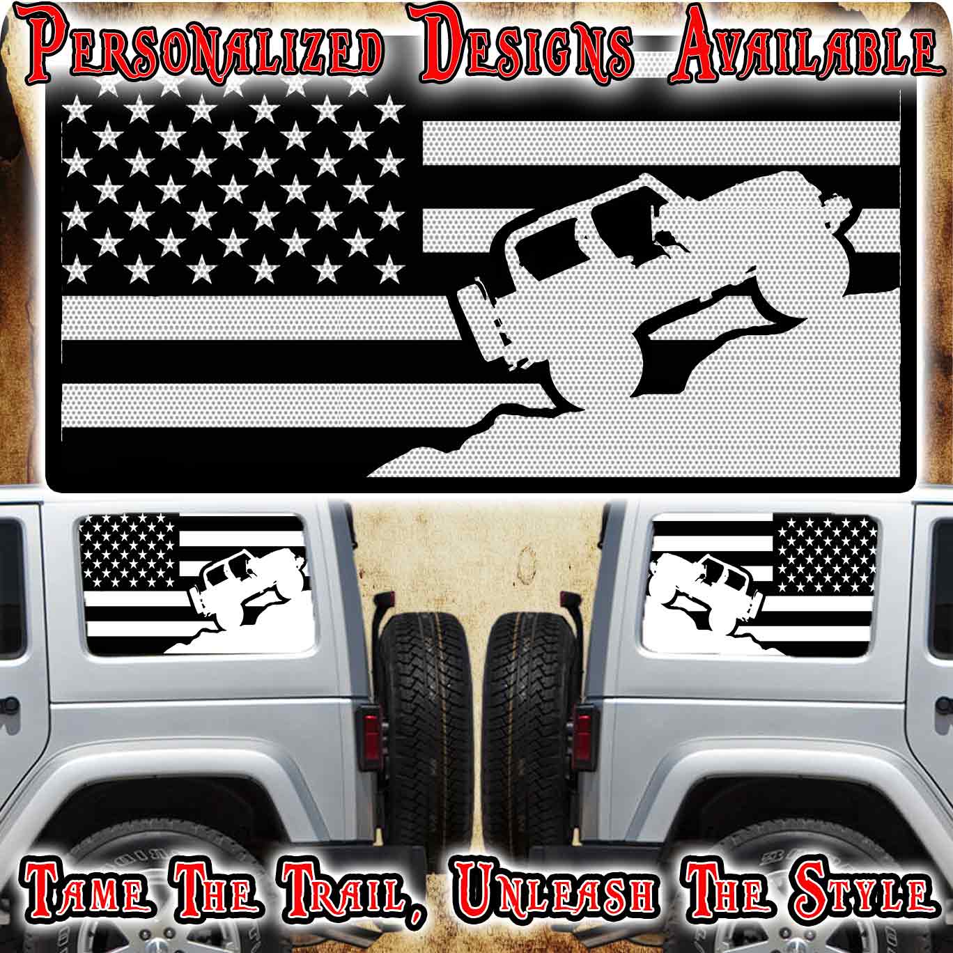 rock crawler American flag black Rear quarter window see through graphic.