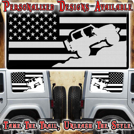 rock crawler American flag black Rear quarter window see through graphic.