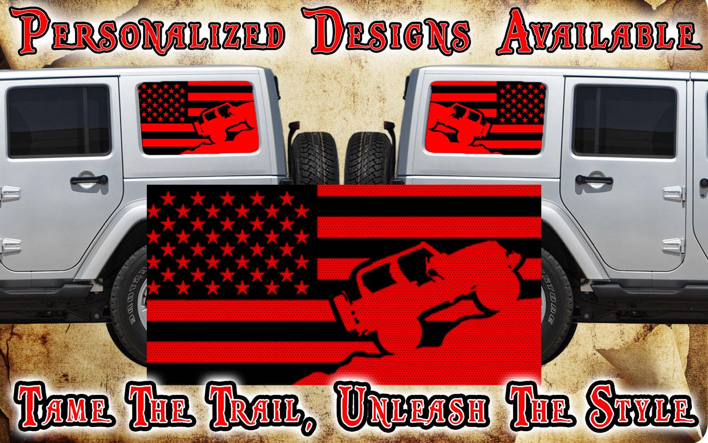 rock crawler American flag black Rear quarter window see through graphic.
