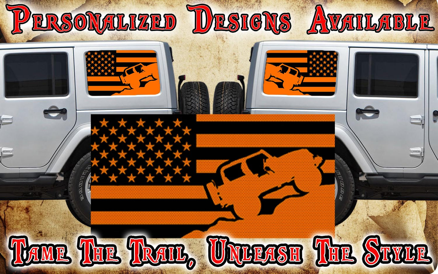 rock crawler American flag black Rear quarter window see through graphic.