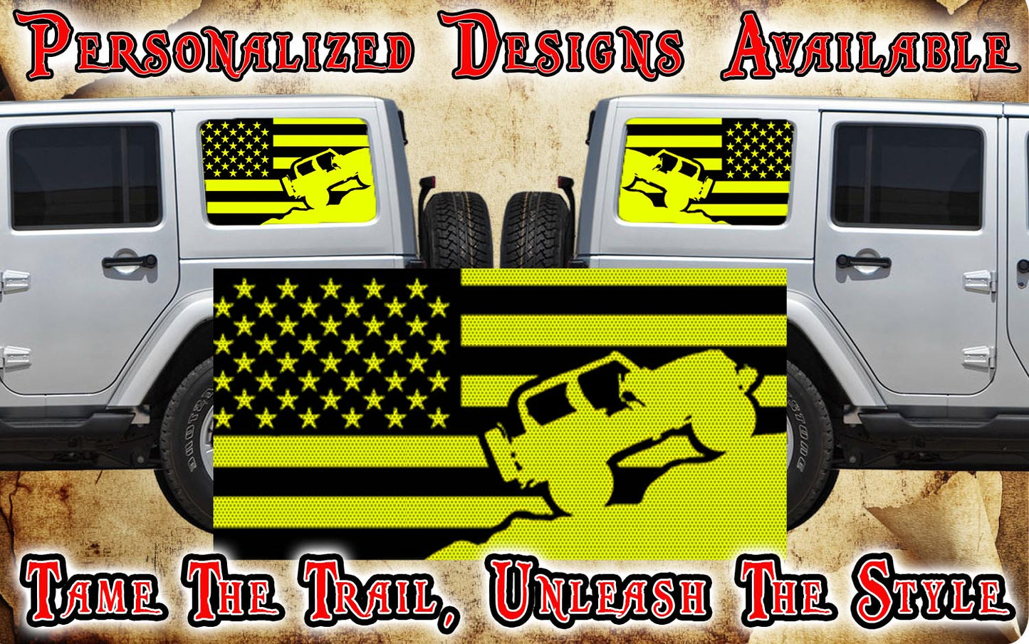 rock crawler American flag black Rear quarter window see through graphic.