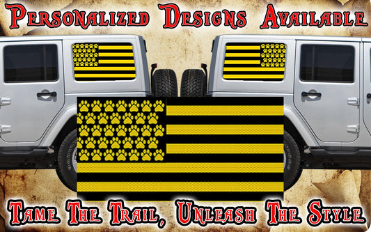 Paw print American flag black Rear quarter window see through graphic.