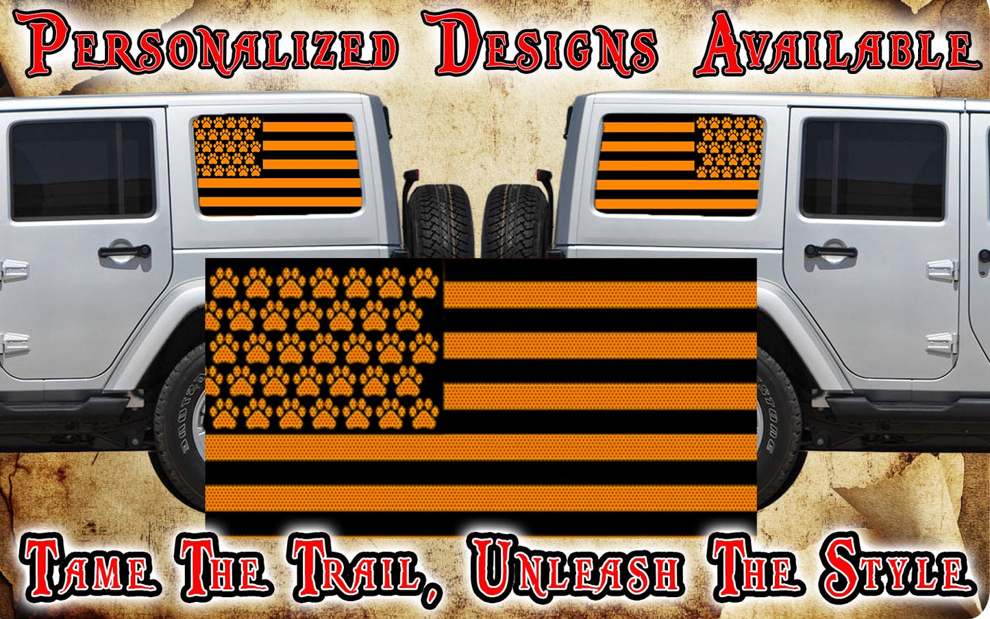 Paw print American flag black Rear quarter window see through graphic.