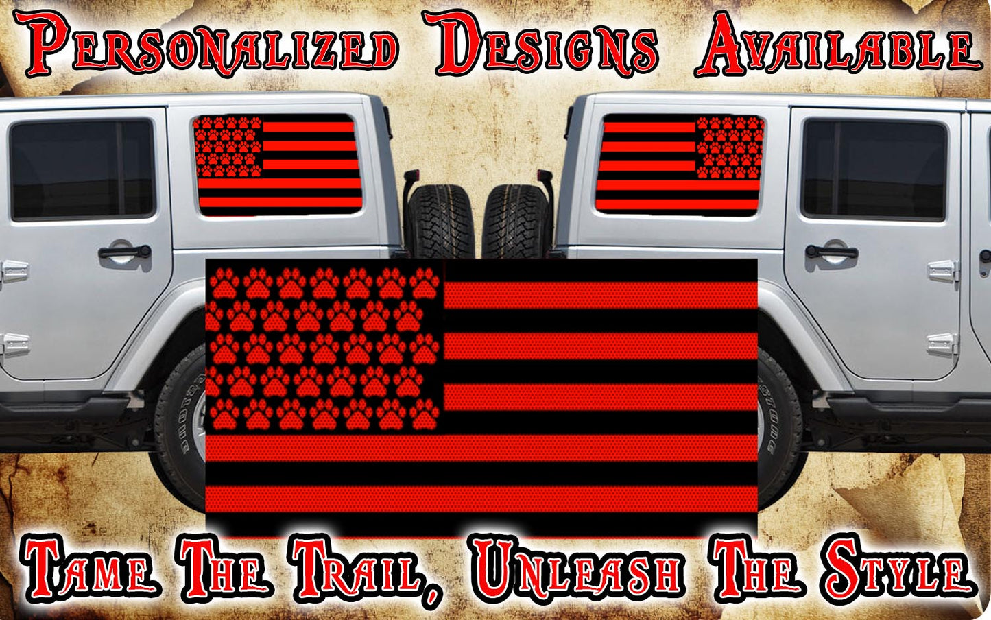 Paw print American flag black Rear quarter window see through graphic.
