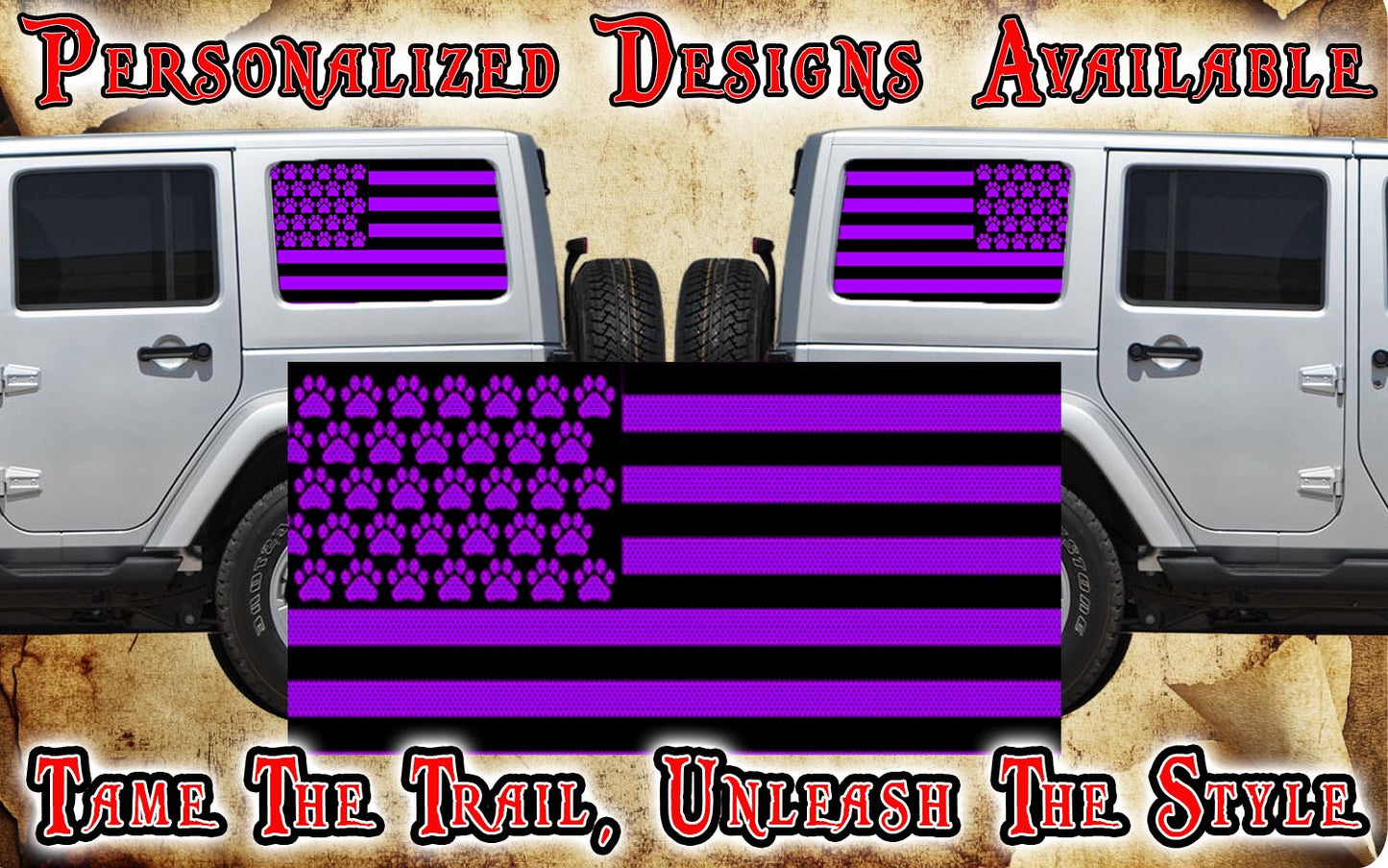 Paw print American flag black Rear quarter window see through graphic.