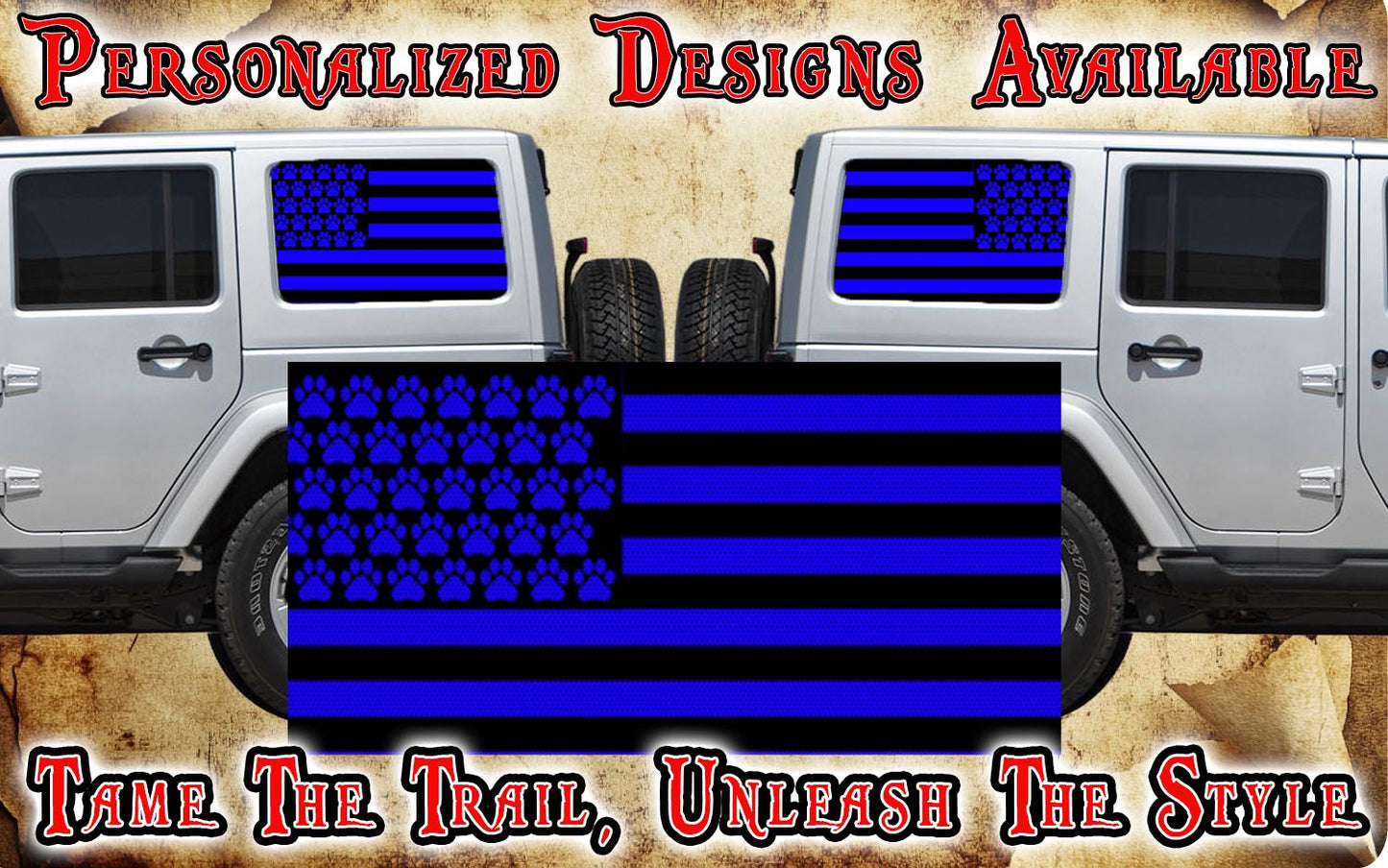 Paw print American flag black Rear quarter window see through graphic.