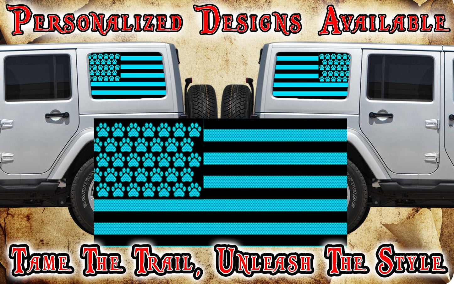 Paw print American flag black Rear quarter window see through graphic.