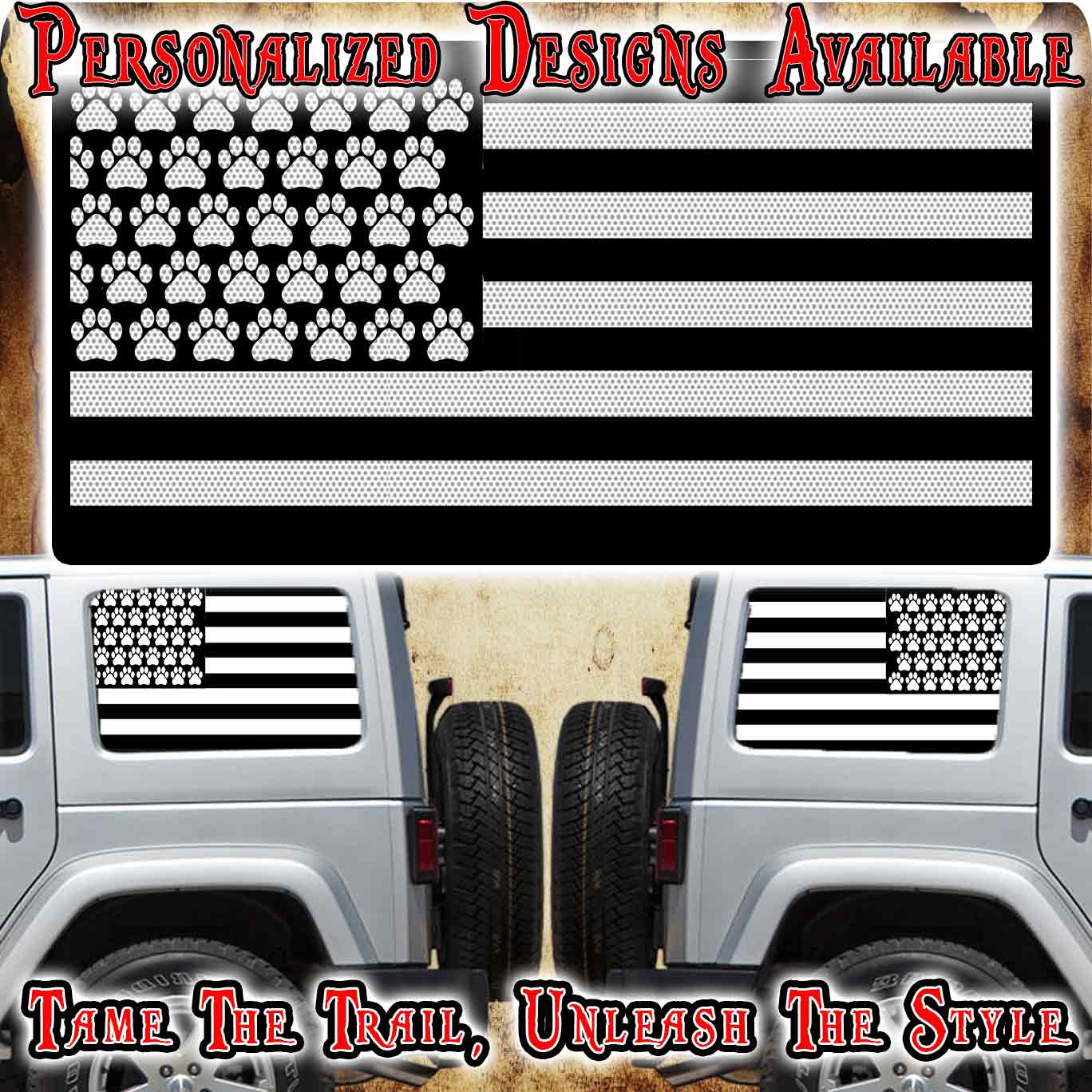 Paw print American flag black Rear quarter window see through graphic.
