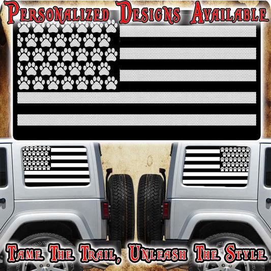 Paw print American flag black Rear quarter window see through graphic.