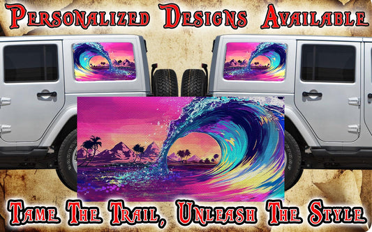 Ride the wave beach Rear quarter window see through graphic.