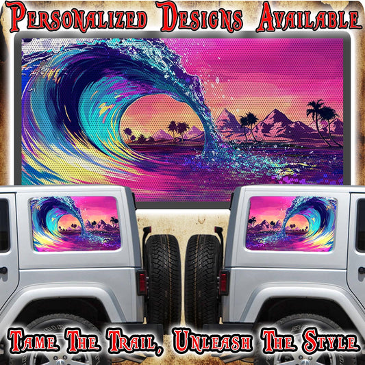 Ride the wave beach Rear quarter window see through graphic.